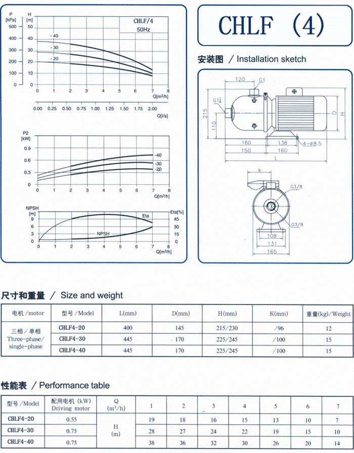 CHLF輕型立式不銹鋼多級離心泵安裝圖、尺寸、性能