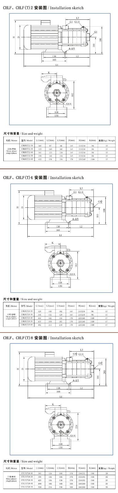 CHLF(T)輕型不銹鋼多級離心泵安裝圖、尺寸及重量